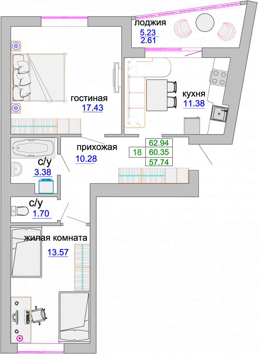 Квартира №343, 2-комнатная, 61.1 м², 5 этаж - планировка, ЖК «Венецианский квартал», дом 1