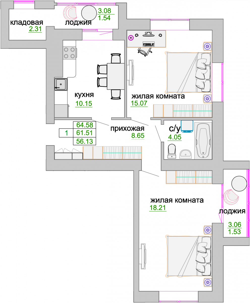 Квартира №360, 2-комнатная, 62.6 м², 2 этаж - планировка, ЖК «Венецианский квартал», дом 1
