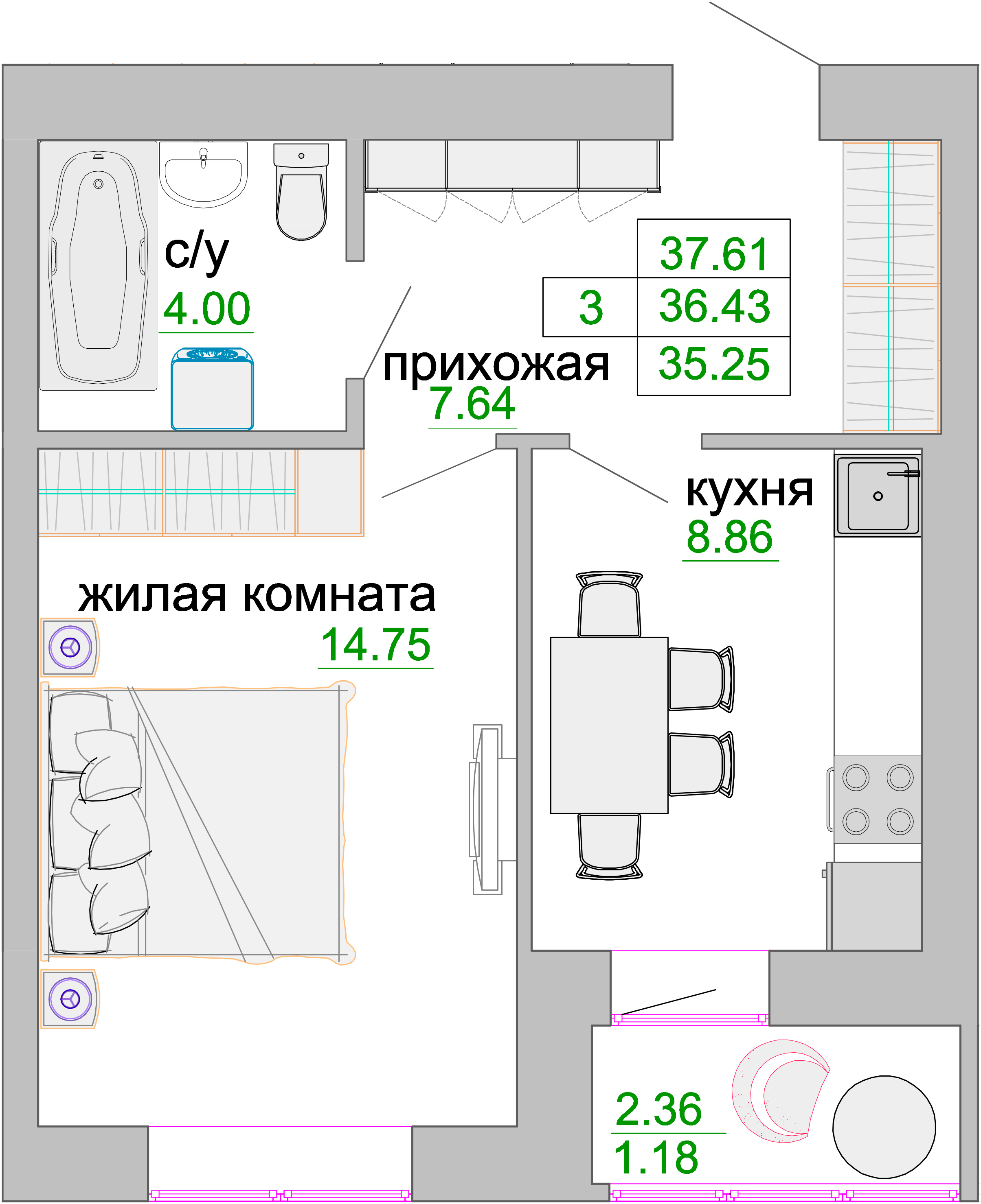 Квартира №362, 1-комнатная, 36.9 м², 2 этаж - планировка, ЖК «Венецианский квартал», дом 1