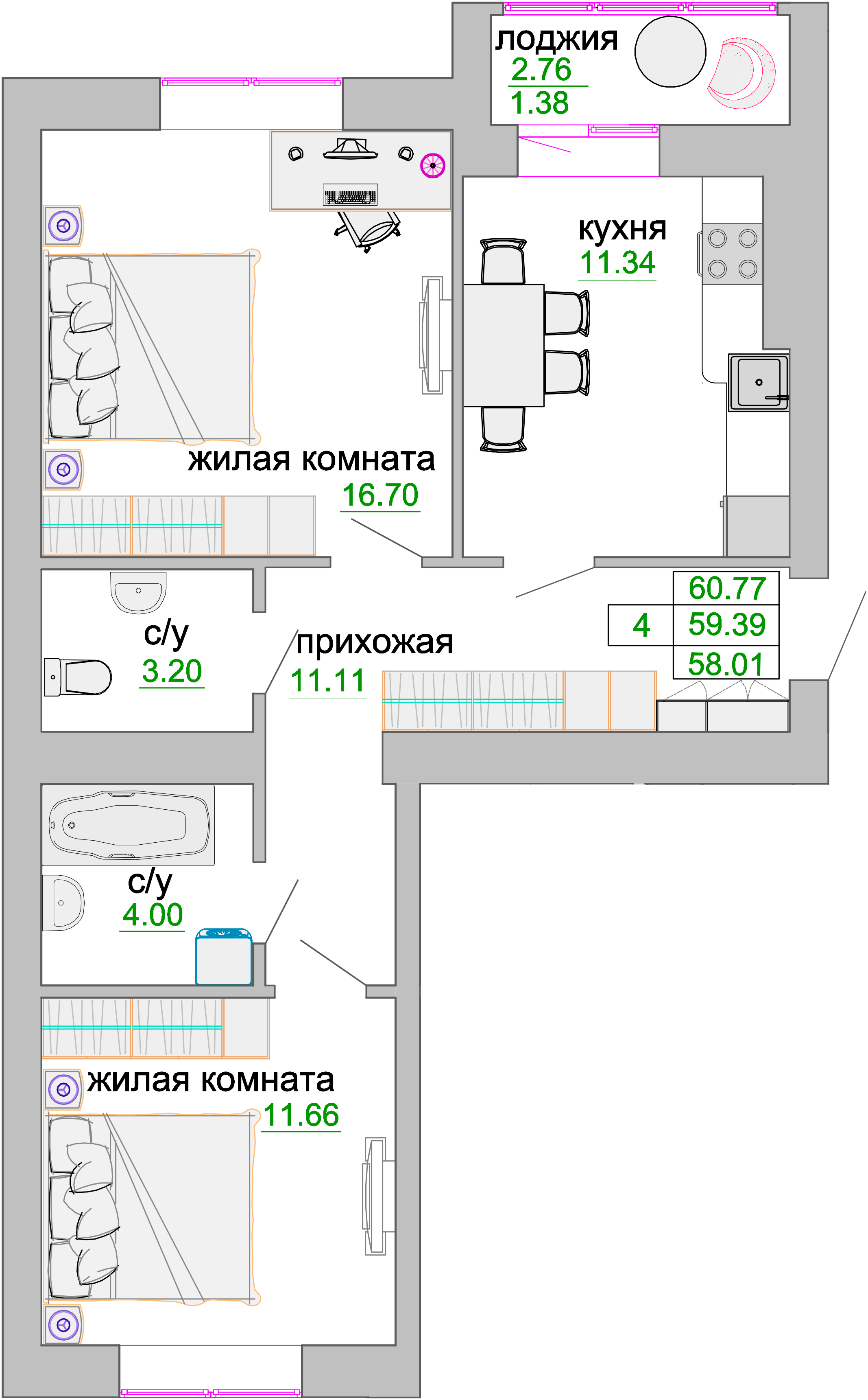 Квартира №363, 2-комнатная, 60 м², 2 этаж - планировка, ЖК «Венецианский квартал», дом 1
