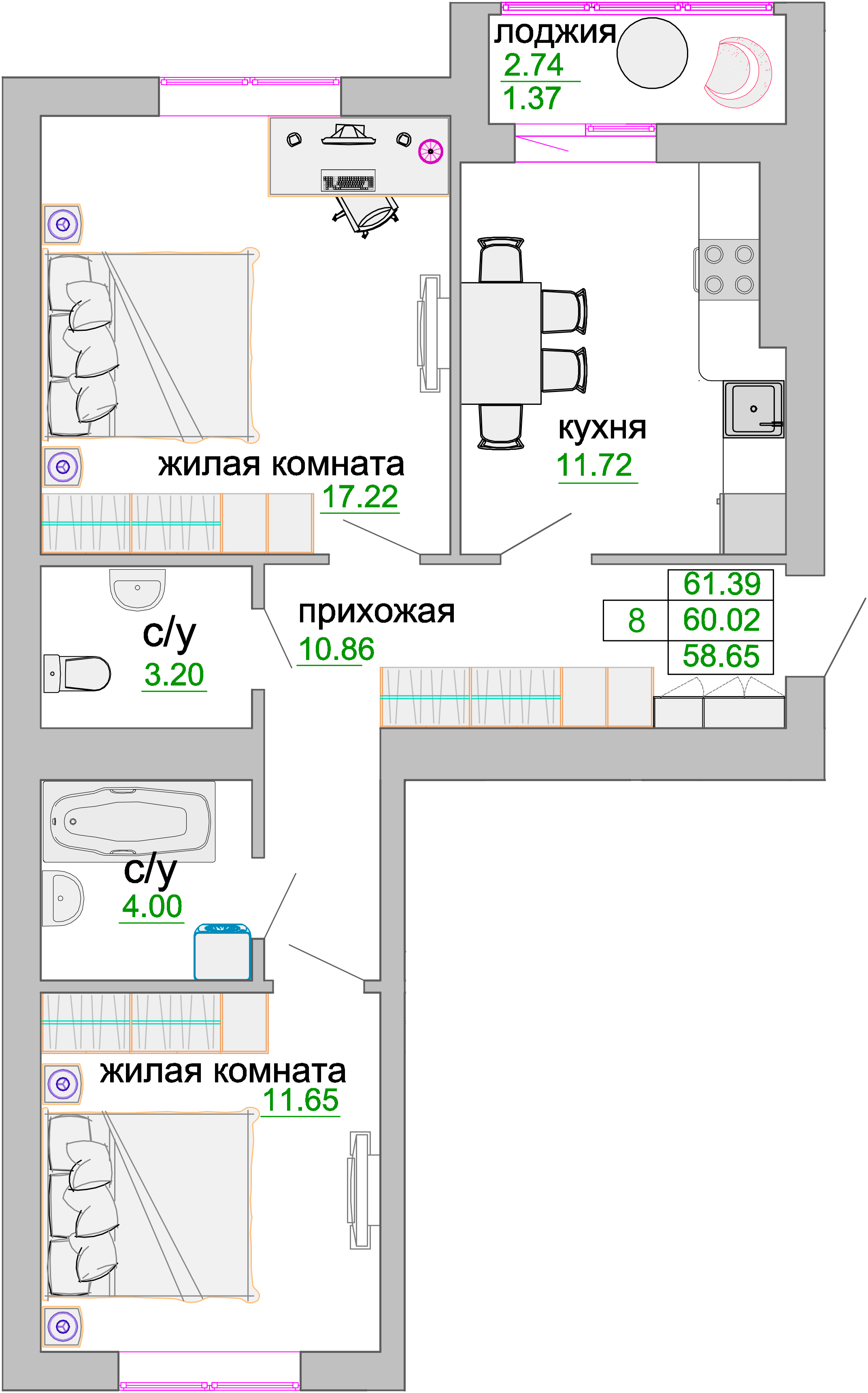 Квартира №367, 2-комнатная, 60.8 м², 3 этаж - планировка, ЖК «Венецианский квартал», дом 1