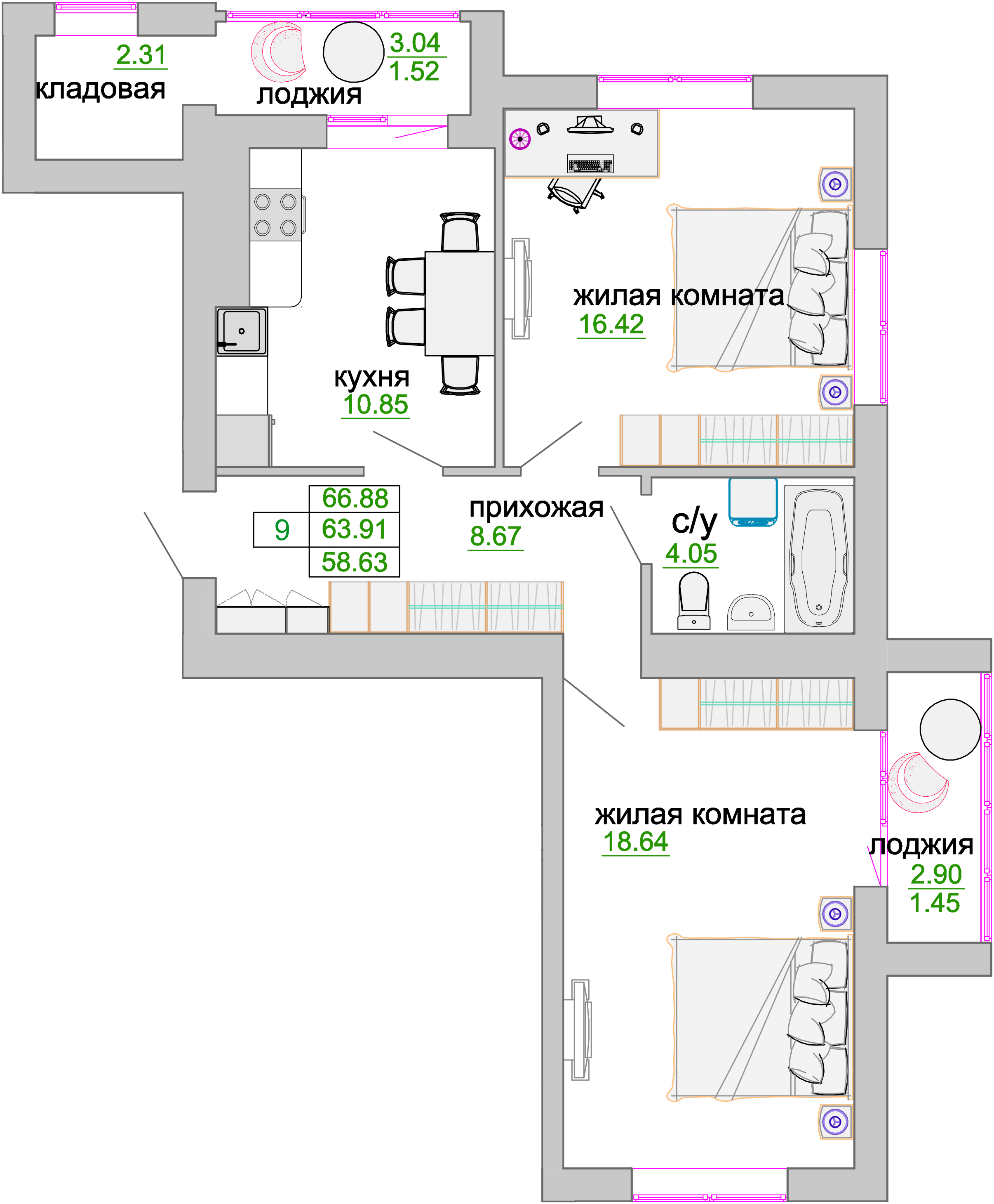 Квартира №368, 2-комнатная, 64.8 м², 4 этаж - планировка, ЖК «Венецианский квартал», дом 1