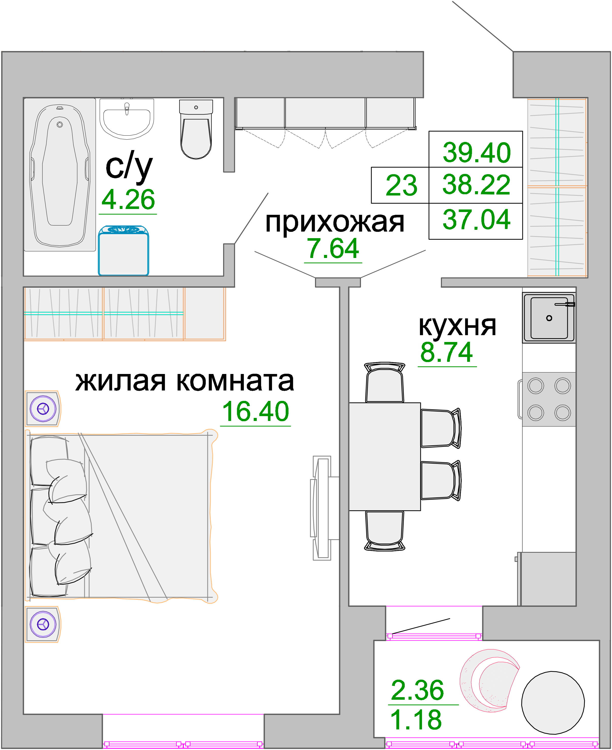 Квартира №382, 1-комнатная, 38.6 м², 7 этаж - планировка, ЖК «Венецианский квартал», дом 1