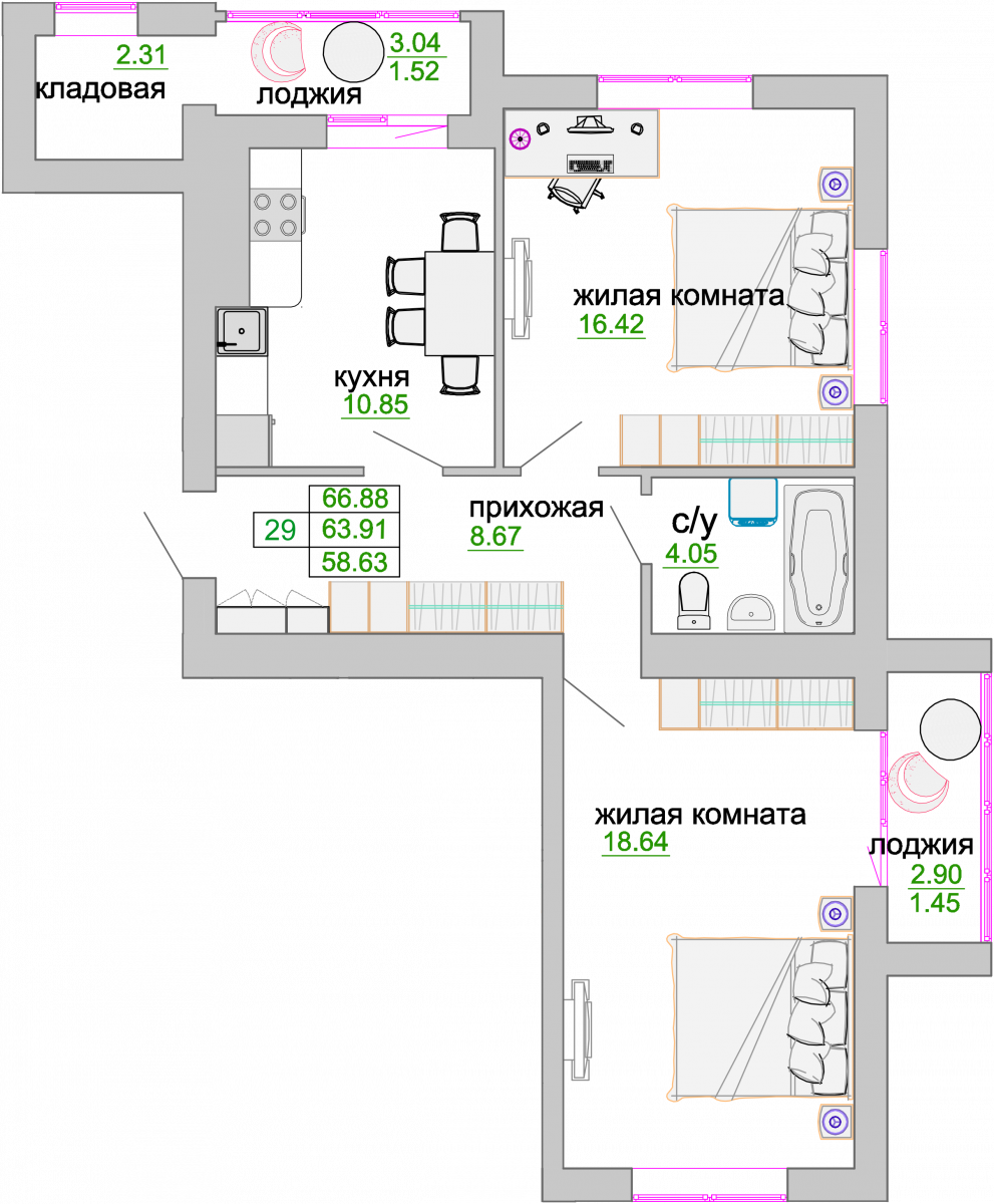 Квартира №388, 2-комнатная, 64.9 м², 9 этаж - планировка, ЖК «Венецианский квартал», дом 1