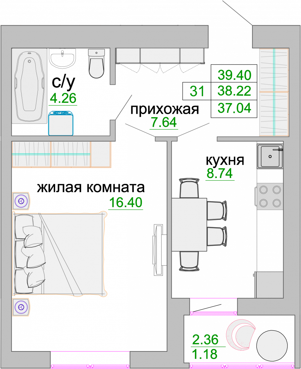 Квартира №390, 1-комнатная, 38.7 м², 9 этаж - планировка, ЖК «Венецианский квартал», дом 1