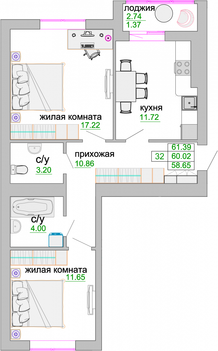 Квартира №391, 2-комнатная, 60.9 м², 9 этаж - планировка, ЖК «Венецианский квартал», дом 1