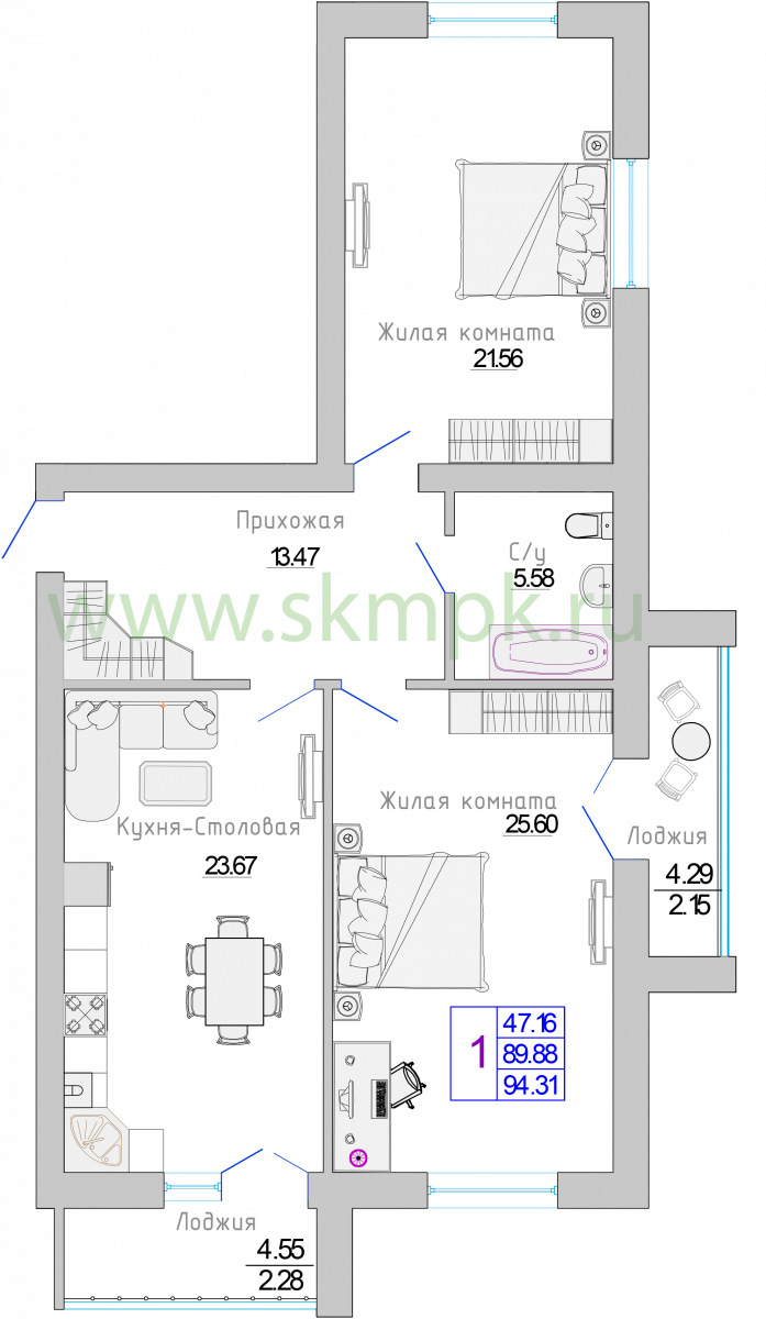 Квартира №1, 2-комнатная, 94.5 м², 1 этаж - планировка, Жилой комплекс «Изумрудный берег»