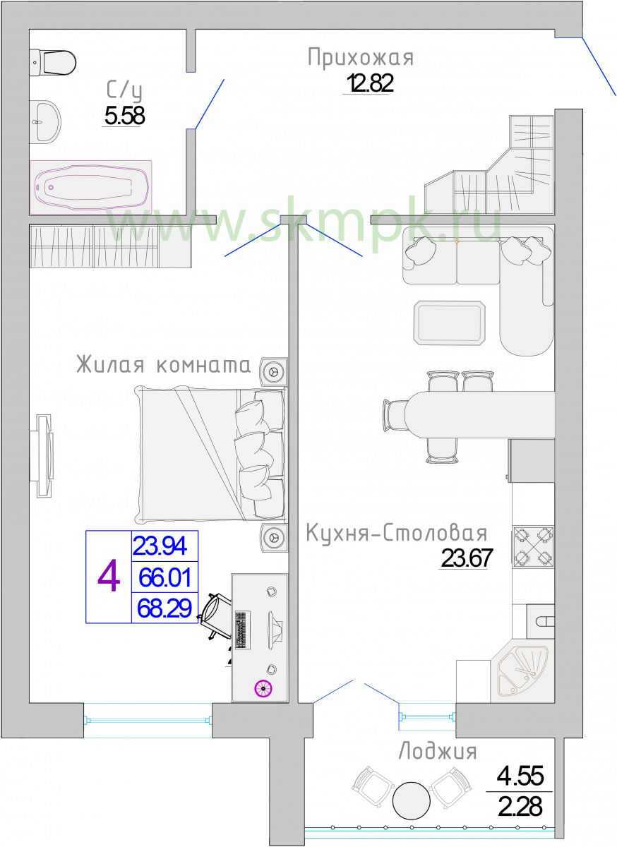 Квартира №4, 1-комнатная, 68.29 м², 1 этаж - планировка, Жилой комплекс «Изумрудный берег»