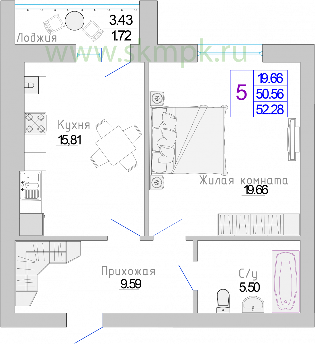 Квартира №5, 1-комнатная, 52.28 м², 2 этаж - планировка, Жилой комплекс «Изумрудный берег»