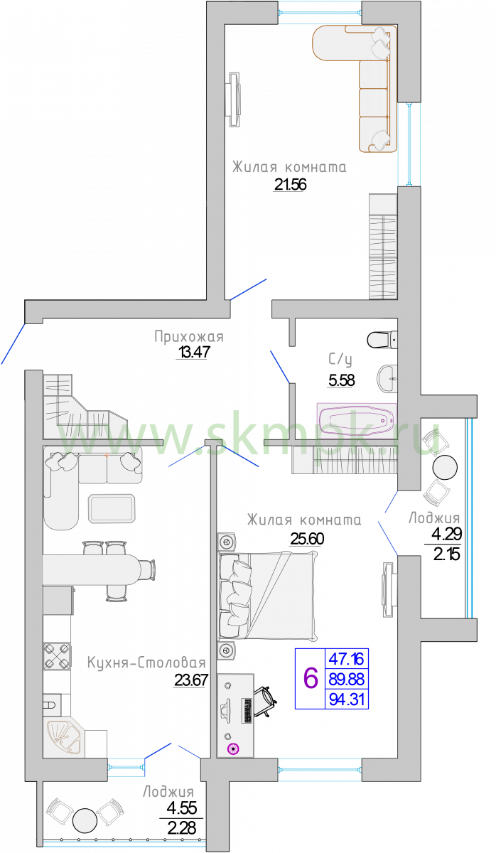 Квартира №6, 2-комнатная, 94.31 м², 2 этаж - планировка, Жилой комплекс «Изумрудный берег»