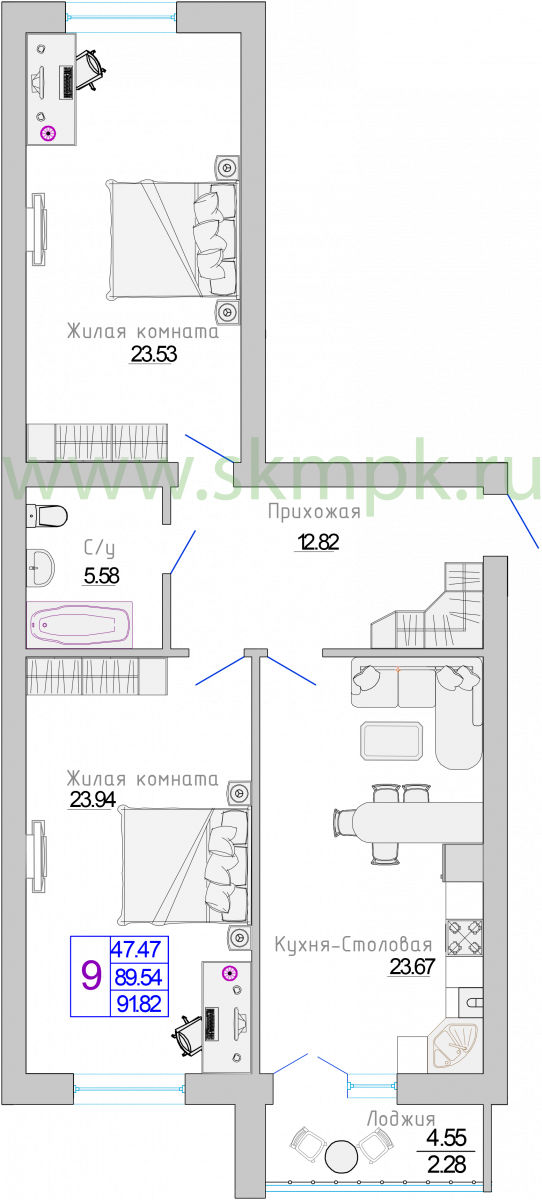 Квартира №9, 2-комнатная, 91.82 м², 2 этаж - планировка, Жилой комплекс «Изумрудный берег»