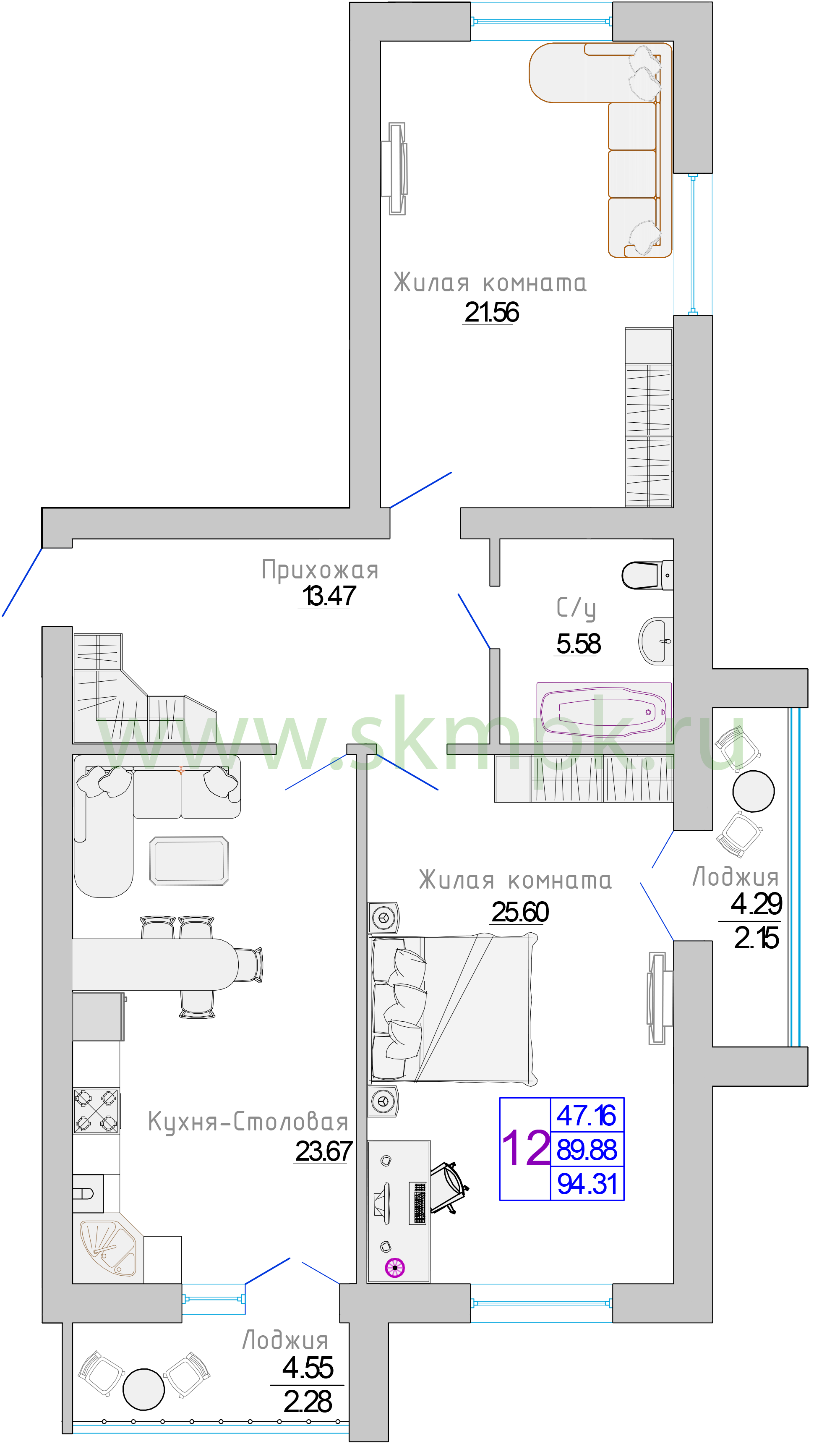 Квартира №12, 2-комнатная, 94.31 м², 3 этаж - планировка, Жилой комплекс «Изумрудный берег»