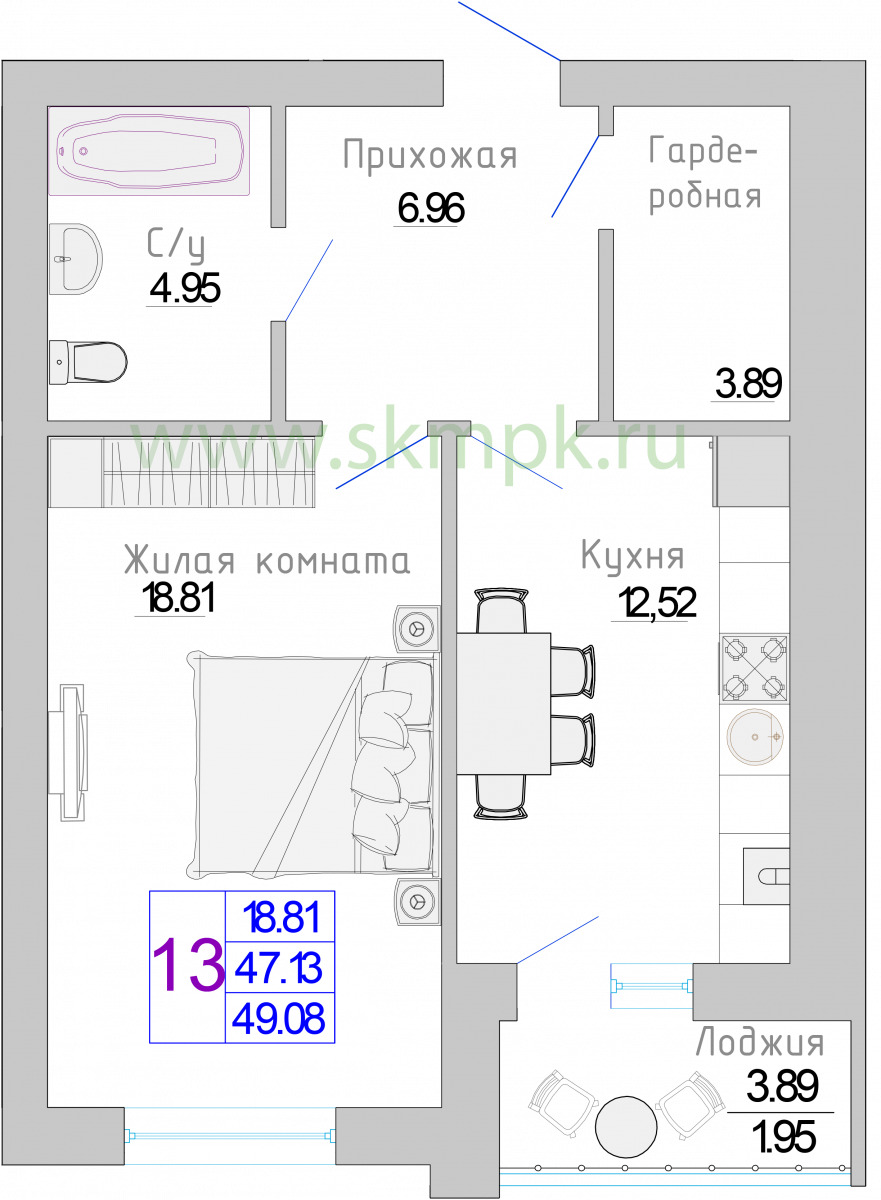 Квартира №13, 1-комнатная, 49.08 м², 3 этаж - планировка, Жилой комплекс «Изумрудный берег»