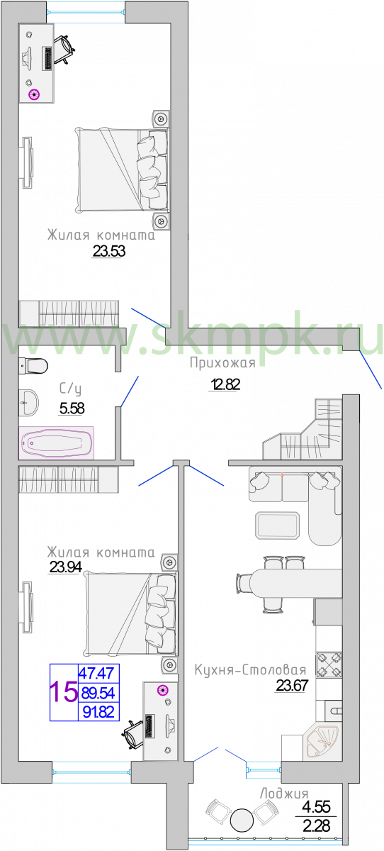 Квартира №15, 2-комнатная, 91.82 м², 3 этаж - планировка, Жилой комплекс «Изумрудный берег»