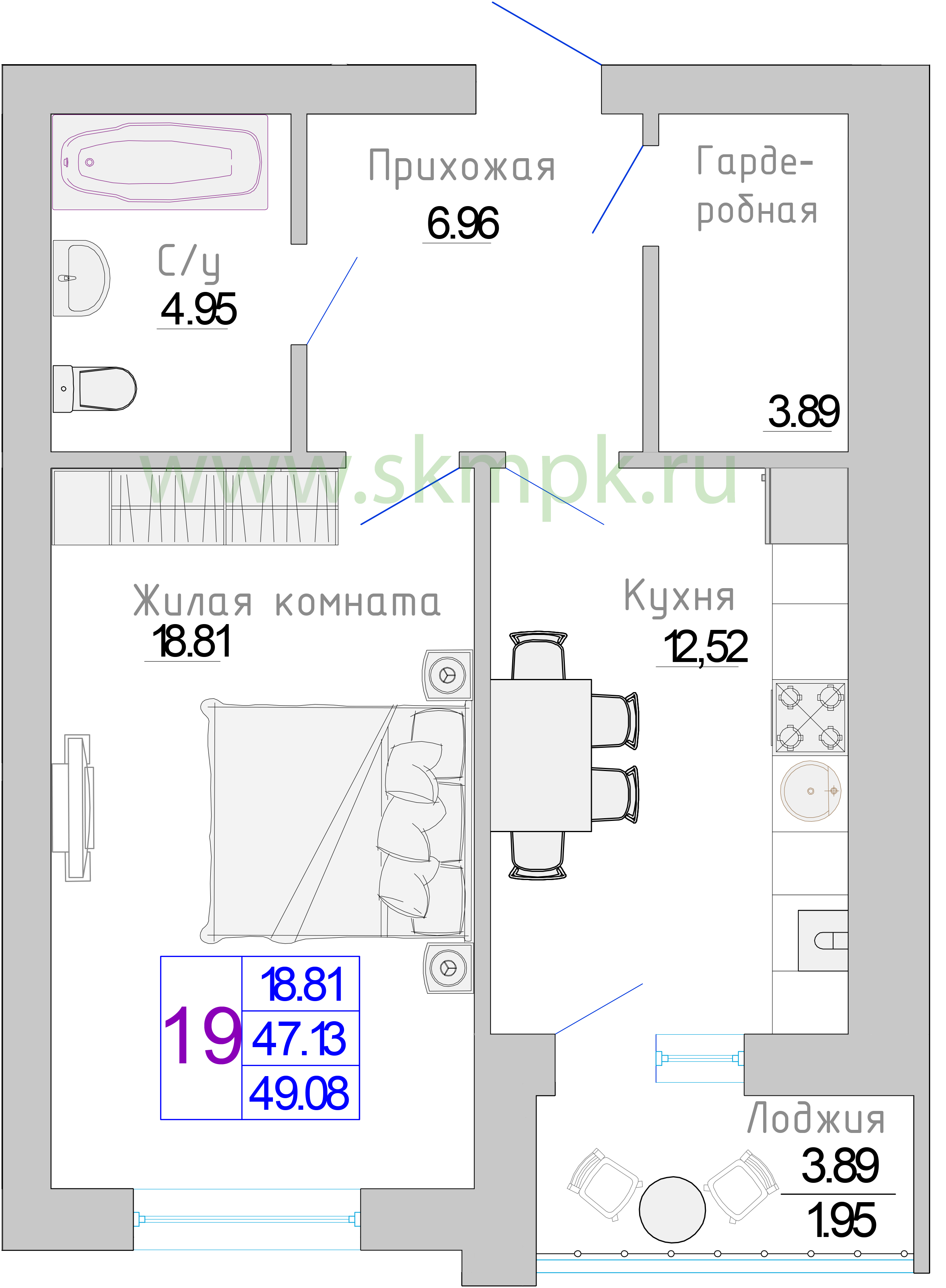 Квартира №18, 1-комнатная, 49.08 м², 4 этаж - планировка, Жилой комплекс «Изумрудный берег»