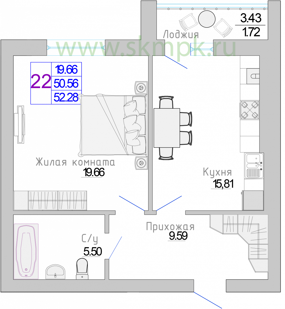 Квартира №21, 1-комнатная, 52.28 м², 4 этаж - планировка, Жилой комплекс «Изумрудный берег»