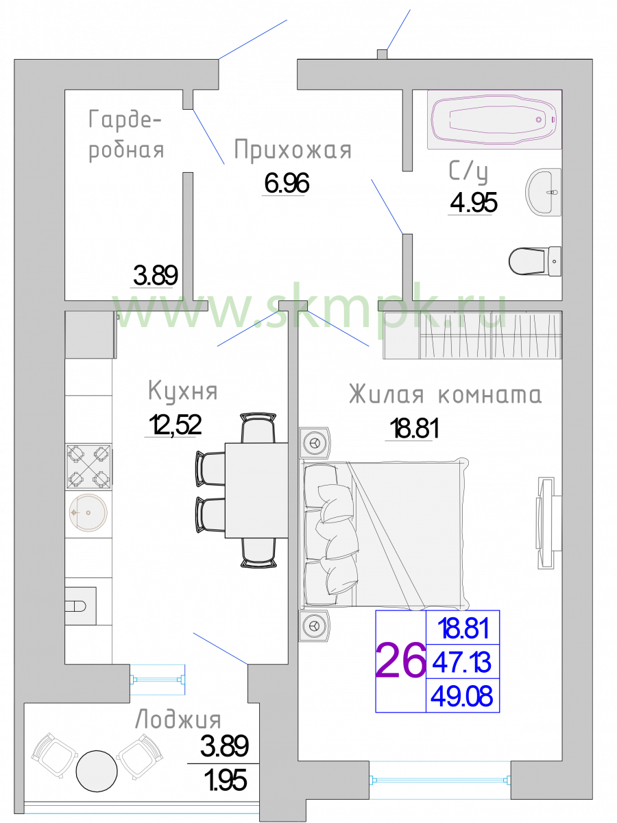 Квартира №25, 1-комнатная, 49.08 м², 5 этаж - планировка, Жилой комплекс «Изумрудный берег»