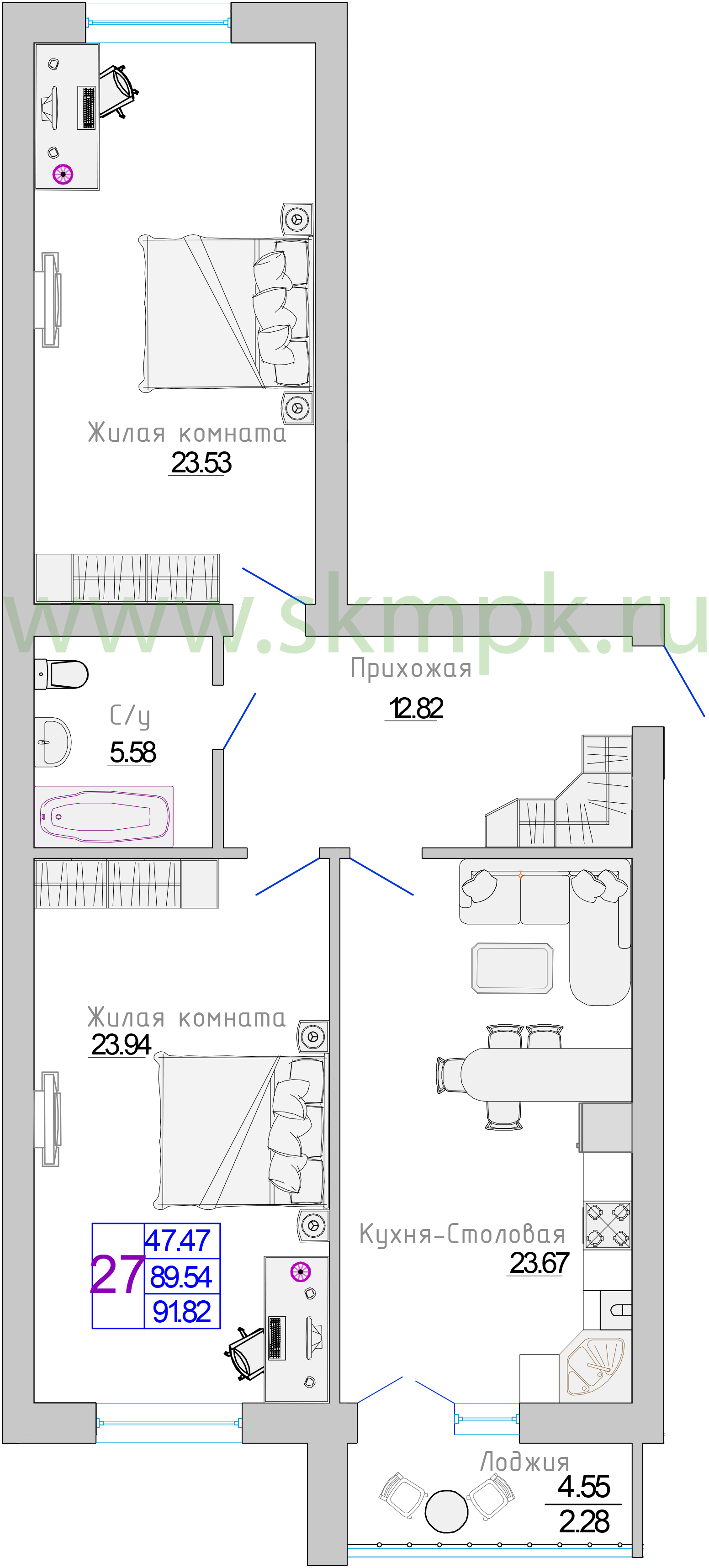 Квартира №26, 2-комнатная, 91.82 м², 5 этаж - планировка, Жилой комплекс «Изумрудный берег»