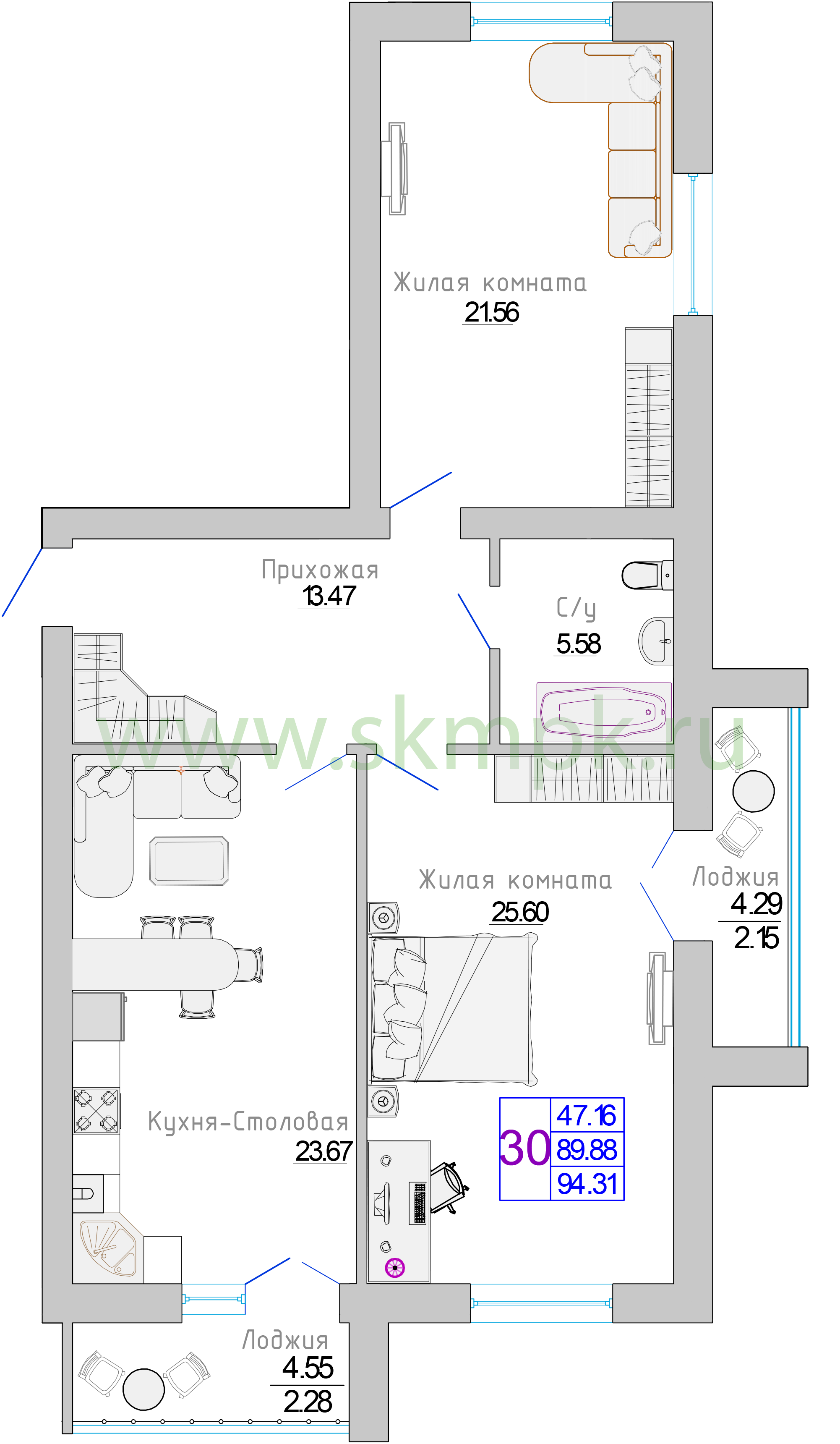 Квартира №29, 2-комнатная, 94.31 м², 6 этаж - планировка, Жилой комплекс «Изумрудный берег»