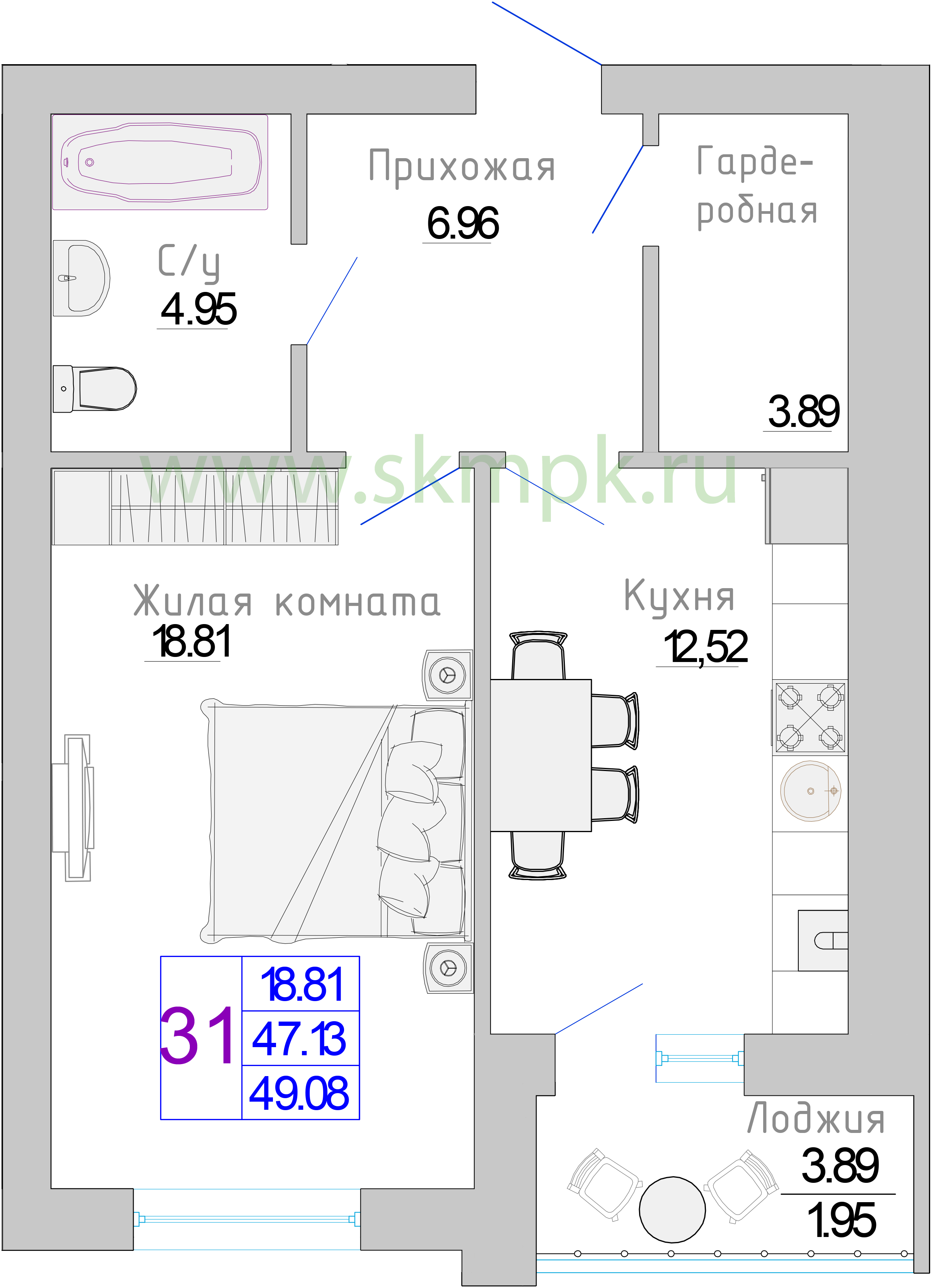 Квартира №30, 1-комнатная, 49.08 м², 6 этаж - планировка, Жилой комплекс «Изумрудный берег»