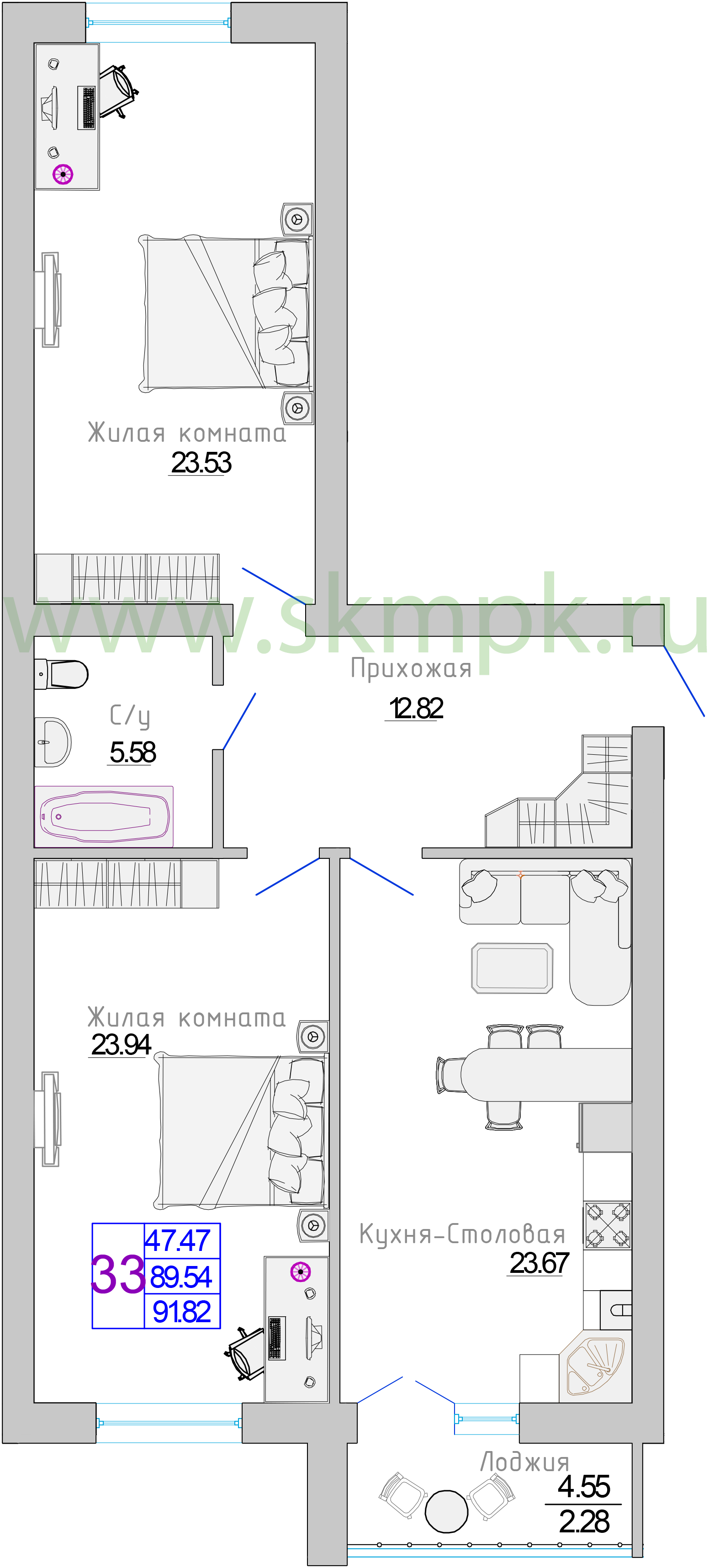 Квартира №32, 2-комнатная, 91.82 м², 6 этаж - планировка, Жилой комплекс «Изумрудный берег»