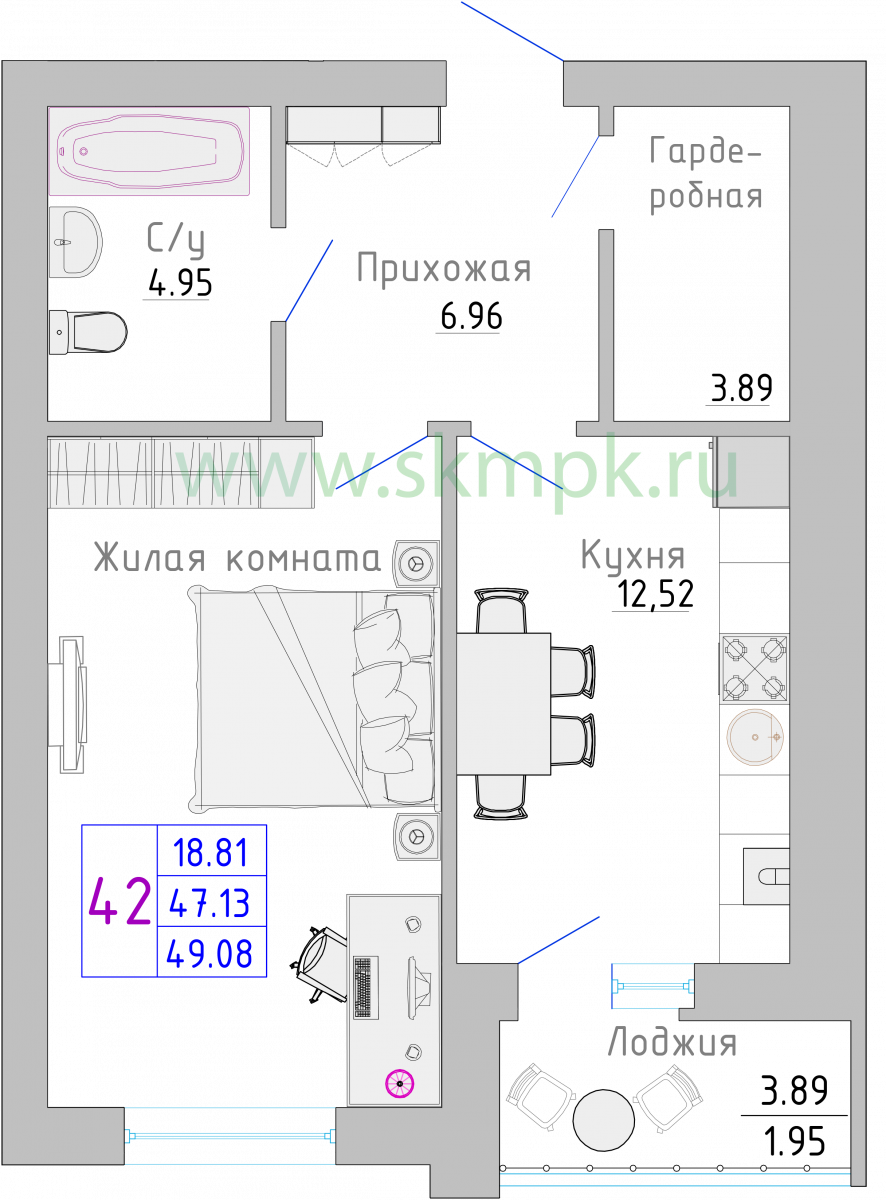 Квартира №41, 1-комнатная, 49.9 м², 1 этаж - планировка, Жилой комплекс «Изумрудный берег»