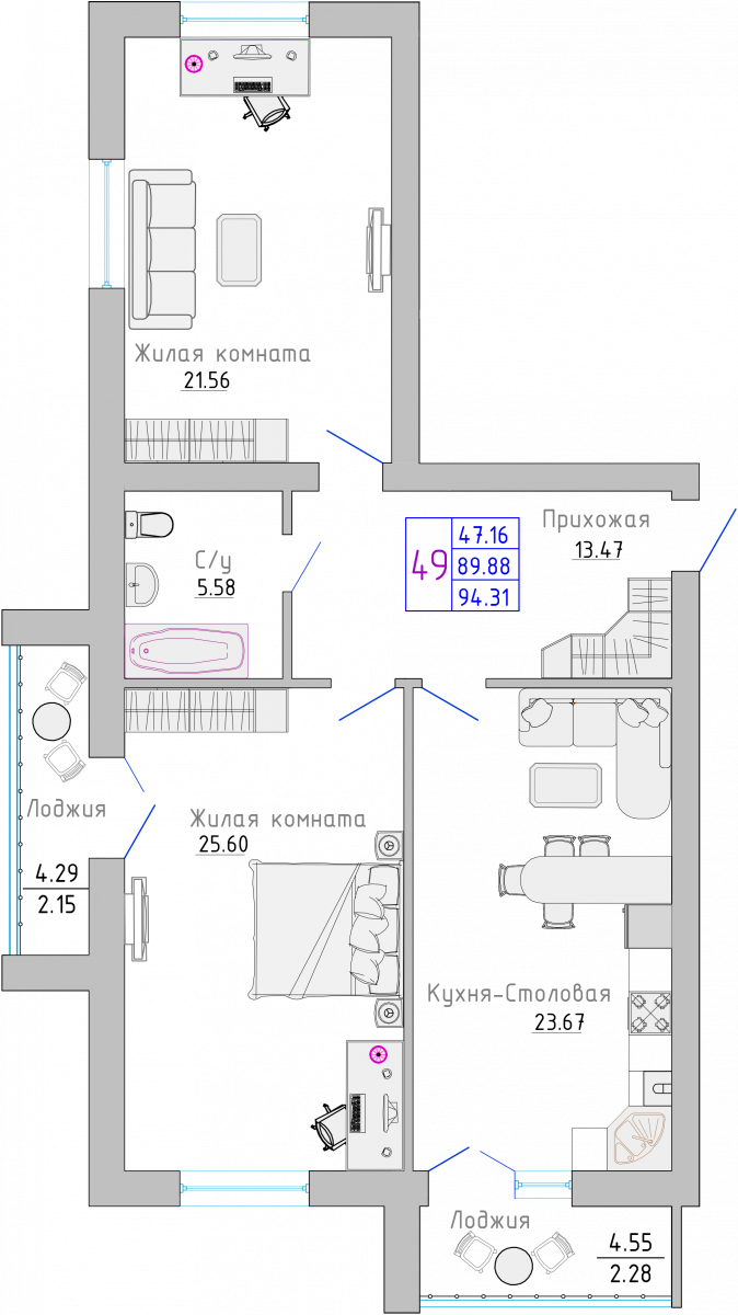 Квартира №48, 2-комнатная, 94.8 м², 2 этаж - планировка, Жилой комплекс «Изумрудный берег»