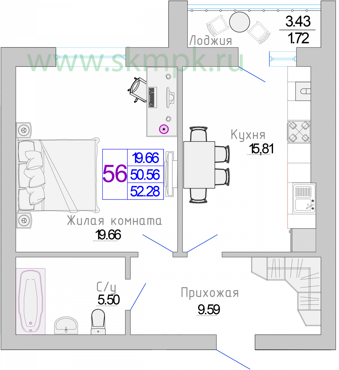 Квартира №55, 1-комнатная, 52.28 м², 3 этаж - планировка, Жилой комплекс «Изумрудный берег»