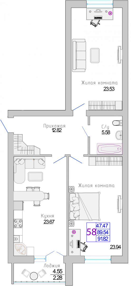Квартира №57, 2-комнатная, 91.82 м², 4 этаж - планировка, Жилой комплекс «Изумрудный берег»