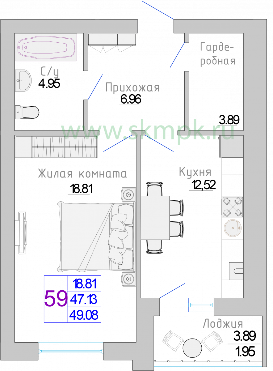 Квартира №58, 1-комнатная, 49.08 м², 4 этаж - планировка, Жилой комплекс «Изумрудный берег»