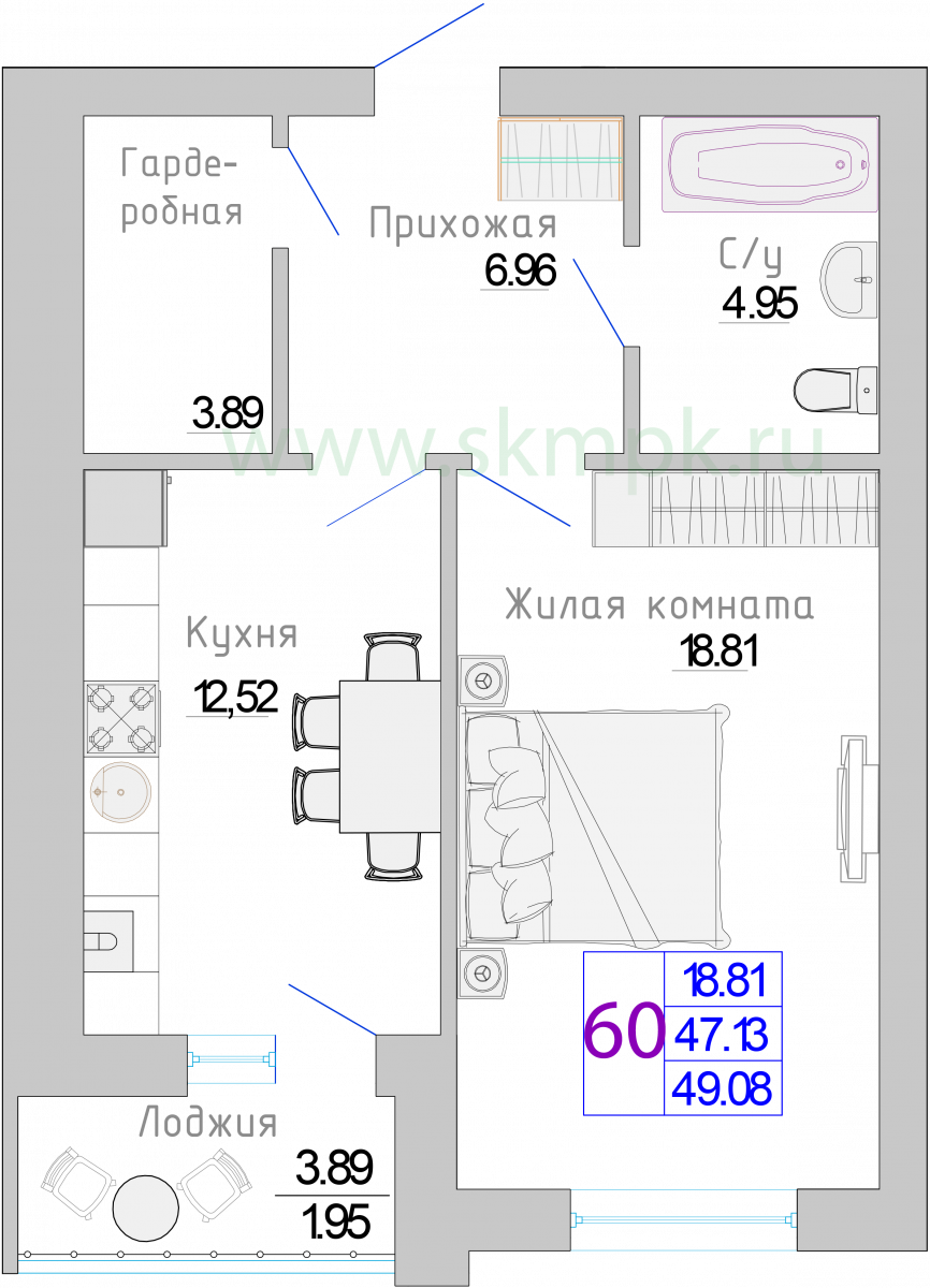 Квартира №59, 1-комнатная, 49.08 м², 4 этаж - планировка, Жилой комплекс «Изумрудный берег»