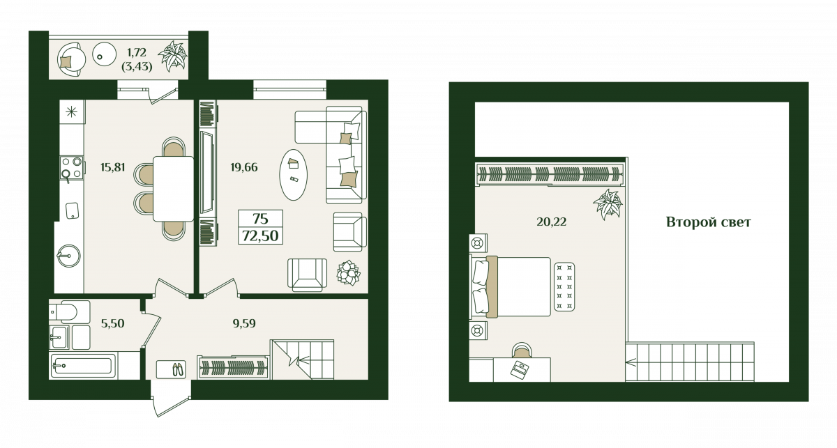 Квартира №74, 1-комнатная, 73.6 м², 7 этаж - планировка, Жилой комплекс «Изумрудный берег»