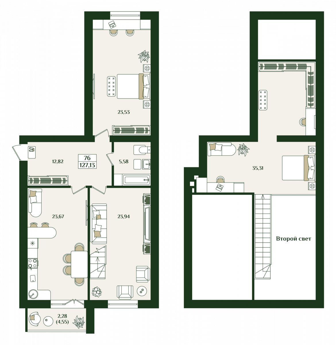 Квартира №75, 2-комнатная, 126.3 м², 7 этаж - планировка, Жилой комплекс «Изумрудный берег»