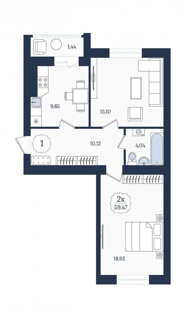 Квартира №1, 2-комнатная, 59.47 м², 1 этаж - планировка, ЖК «Венецианский квартал», дом 5
