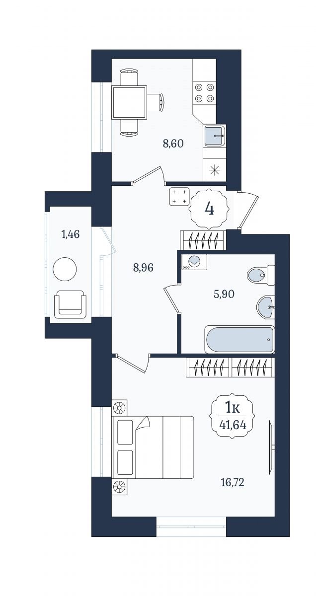 Квартира №4, 1-комнатная, 41.64 м², 1 этаж - планировка, ЖК «Венецианский квартал», дом 5