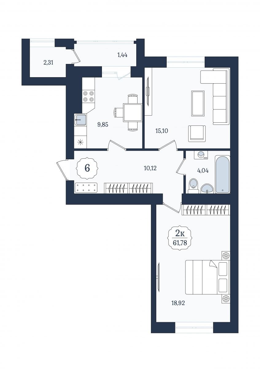 Квартира №6, 2-комнатная, 61.78 м², 2 этаж - планировка, ЖК «Венецианский квартал», дом 5
