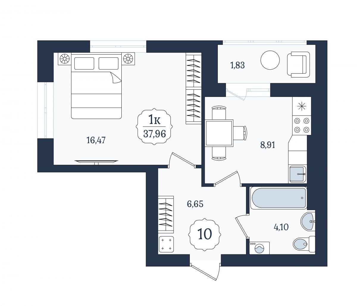 Квартира №10, 1-комнатная, 37.96 м², 2 этаж - планировка, ЖК «Венецианский квартал», дом 5