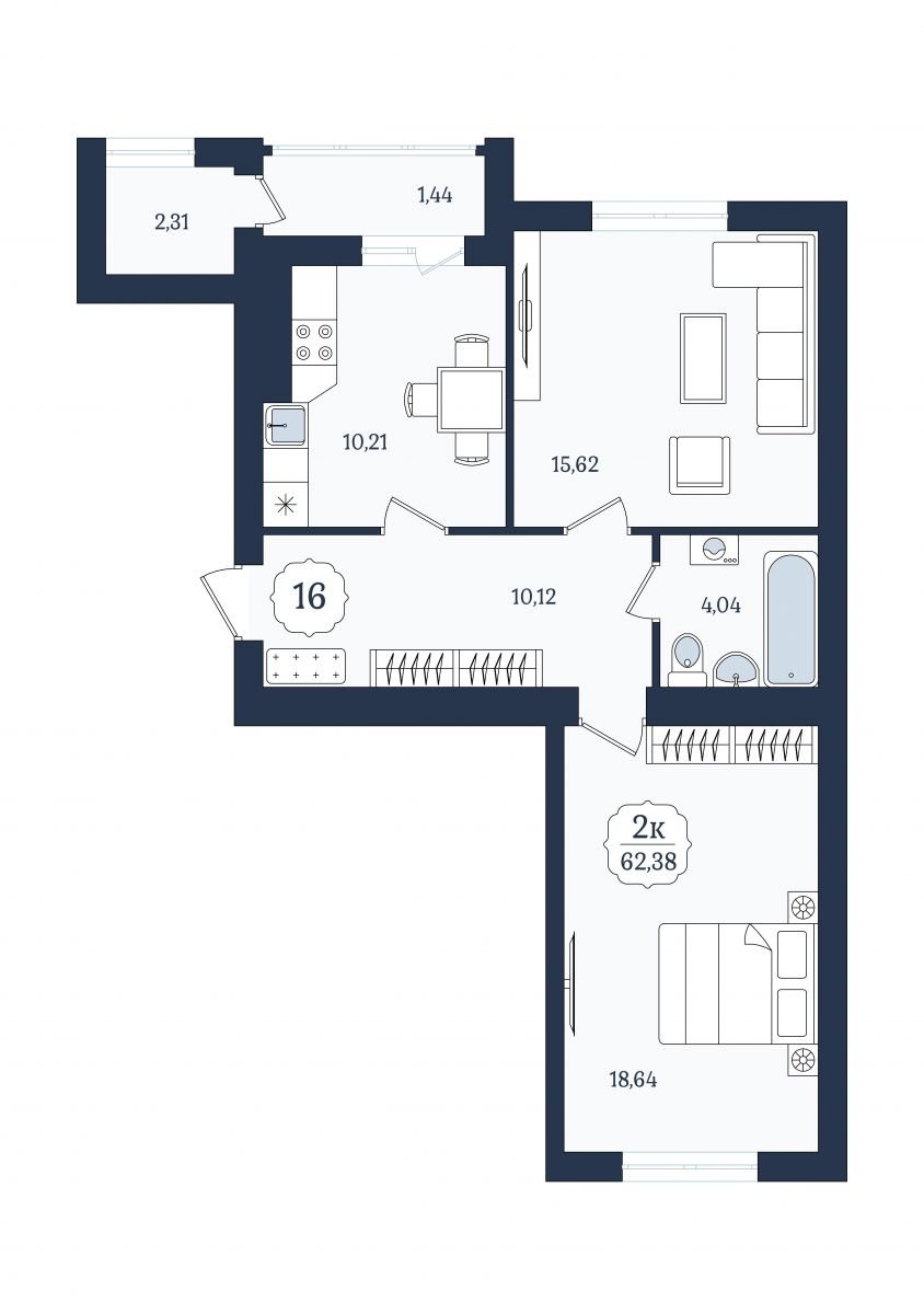 Квартира №16, 2-комнатная, 62.38 м², 4 этаж - планировка, ЖК «Венецианский квартал», дом 5