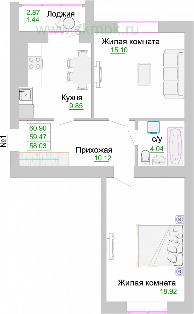Квартира №1, 2-комнатная, 60.2 м², 1 этаж - планировка, ЖК «Венецианский квартал» Дом 3