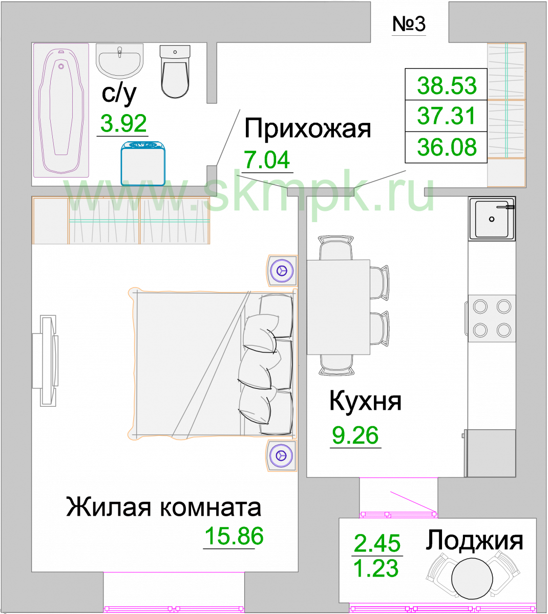 Квартира №3, 1-комнатная, 37.5 м², 1 этаж - планировка, ЖК «Венецианский квартал» Дом 3