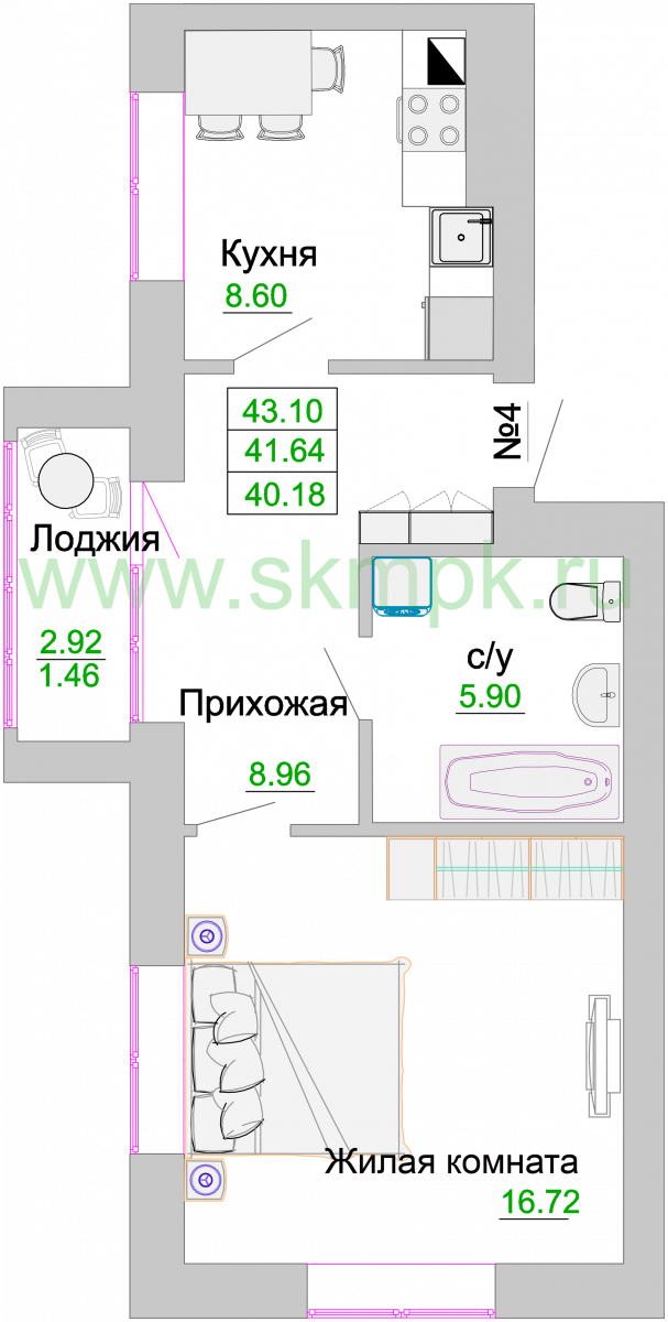 Квартира №4, 1-комнатная, 42 м², 1 этаж - планировка, ЖК «Венецианский квартал» Дом 3