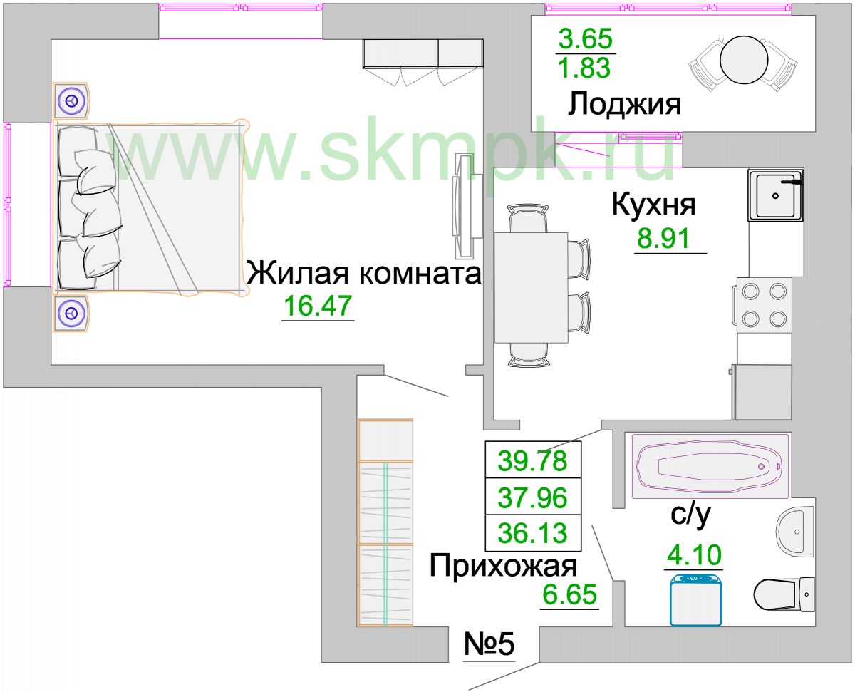 Квартира №5, 1-комнатная, 38.9 м², 1 этаж - планировка, ЖК «Венецианский квартал» Дом 3