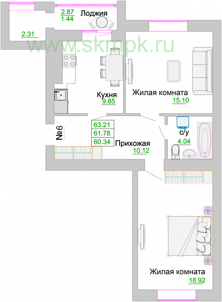 Квартира №6, 2-комнатная, 62.7 м², 2 этаж - планировка, ЖК «Венецианский квартал» Дом 3