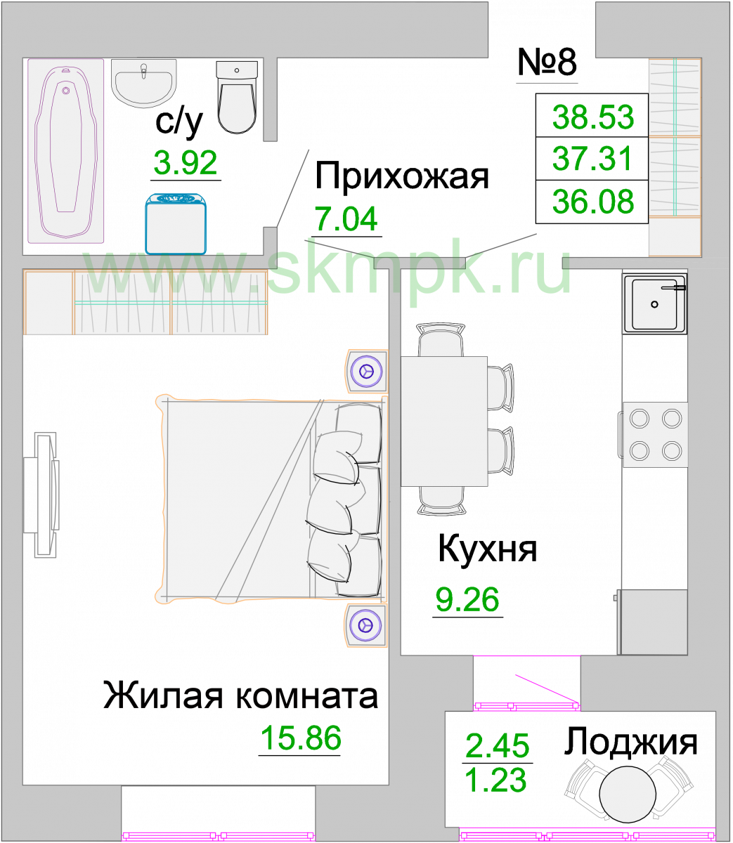 Квартира №8, 1-комнатная, 37.6 м², 2 этаж - планировка, ЖК «Венецианский квартал» Дом 3