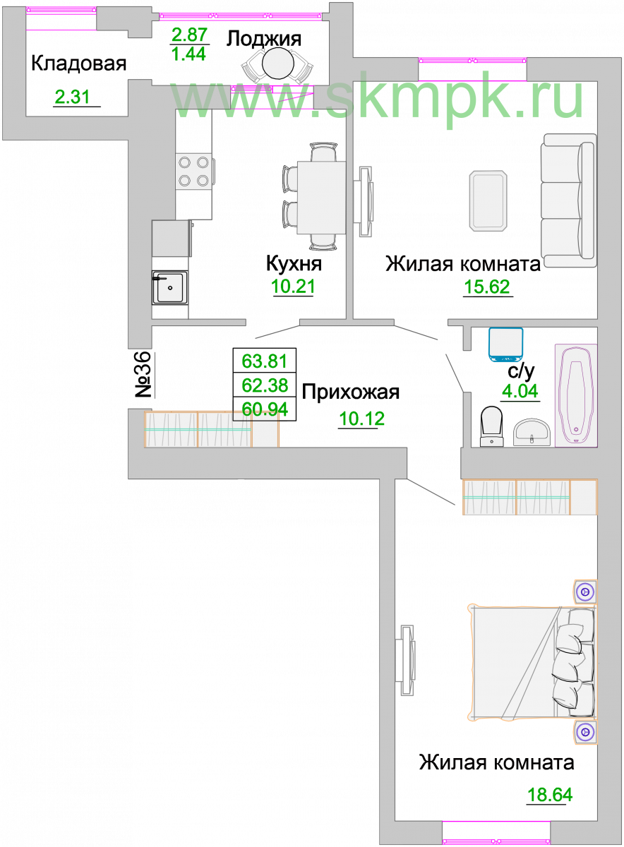 Квартира №36, 2-комнатная, 62.9 м², 8 этаж - планировка, ЖК «Венецианский квартал» Дом 3