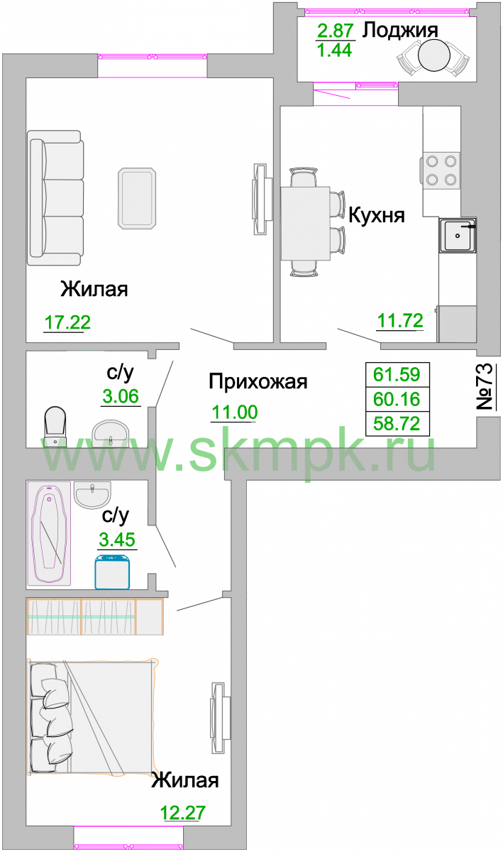 Квартира №73, 2-комнатная, 60.9 м², 7 этаж - планировка, ЖК «Венецианский квартал» Дом 3