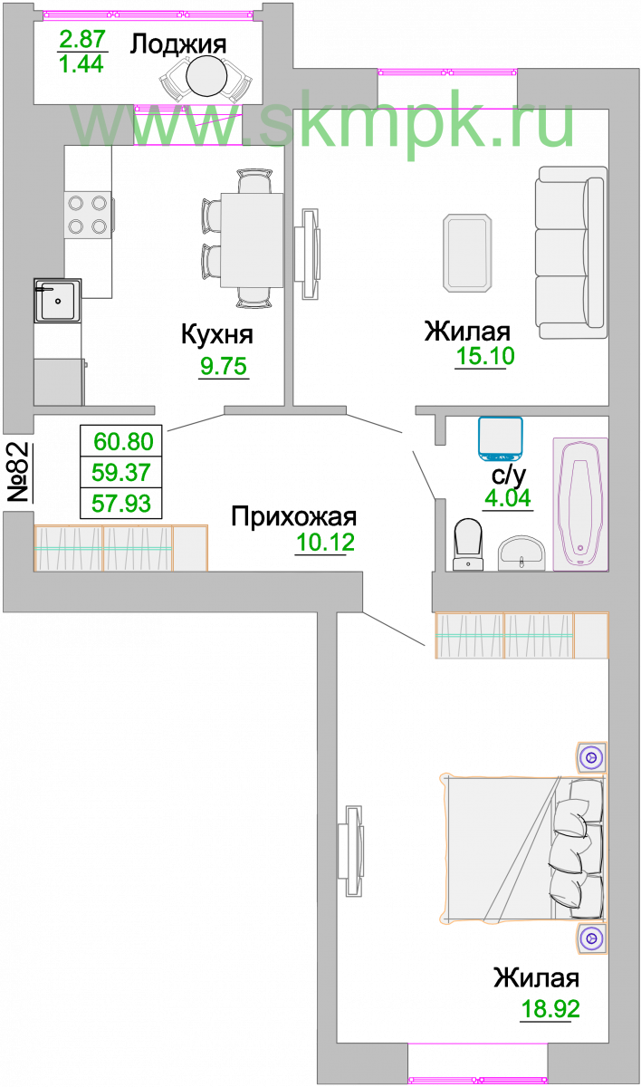 Квартира №82, 2-комнатная, 60 м², 1 этаж - планировка, ЖК «Венецианский квартал» Дом 3