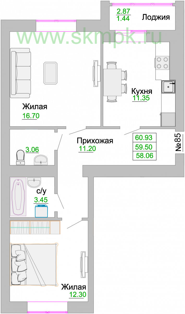 Квартира №85, 2-комнатная, 60.1 м², 1 этаж - планировка, ЖК «Венецианский квартал» Дом 3