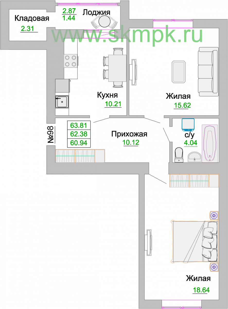 Квартира №98, 2-комнатная, 63.1 м², 5 этаж - планировка, ЖК «Венецианский квартал» Дом 3