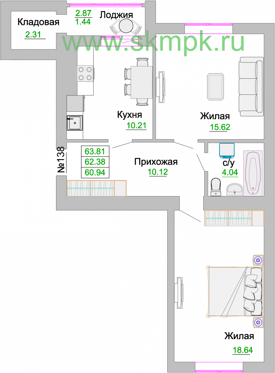 Квартира №138, 2-комнатная, 63.4 м², 6 этаж - планировка, ЖК «Венецианский квартал» Дом 3